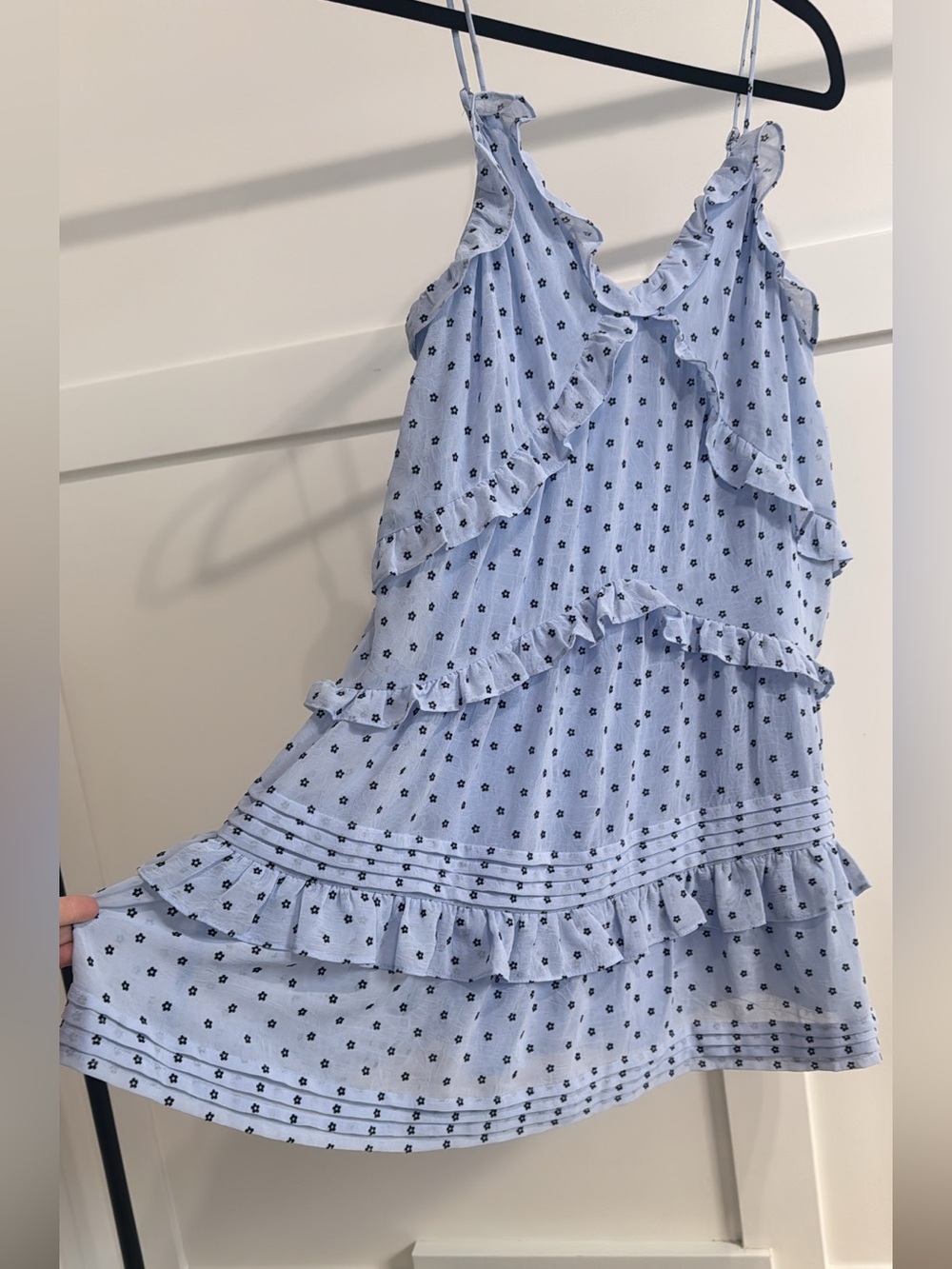 Storia Light Blue Ruffle Tiered Mini Skirt with Black Floral Dots